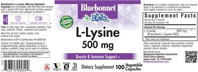 Photo of the Bluebonnet L-Lysine 500 mg label