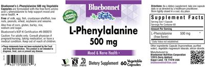 Photo of the Bluebonnet L-Phenylalanine 500 mg label
