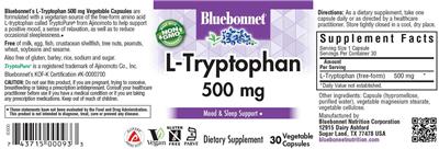Photo of the Bluebonnet L-Tryptophan 500 mg label
