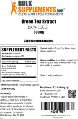 Photo of the BulkSupplements.com Green Tea Extract (50% EGCG) 500 mg label
