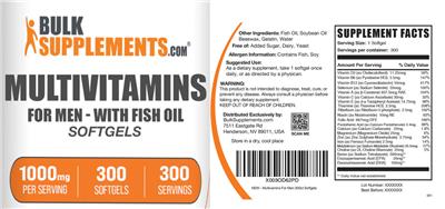 Photo of the BulkSupplements.com Multivitamins for Men - with Fish Oil Softgels label