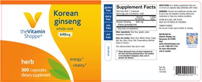 Photo of the The Vitamin Shoppe Korean Ginseng Whole Root 648 mg label