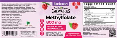 Photo of the Bluebonnet EarthSweet Chewables CellularActive Methylfolate 800 mcg Raspberry Flavor label