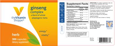 Photo of the The Vitamin Shoppe Ginseng Complex label