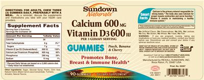 Photo of the Sundown Naturals Calcium 600 mg Vitamin D3 600 IU Gummies label