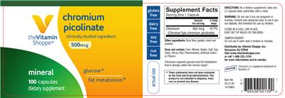 Photo of the The Vitamin Shoppe Chromium Picolinate 500 mcg label