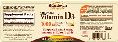 Photo of the Sundown Naturals Chewable Vitamin D3 1000 IU Strawberry-Banana Flavor label