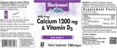 Photo of the Bluebonnet Milk-Free Calcium 1200 mg & Vitamin D3 label