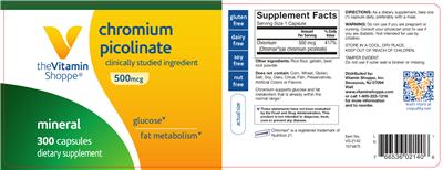Photo of the The Vitamin Shoppe Chromium Picolinate 500 mcg label