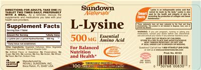 Photo of the Sundown Naturals L-Lysine 500 mg label