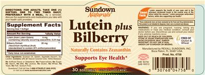 Photo of the Sundown Naturals Lutein plus Bilberry label
