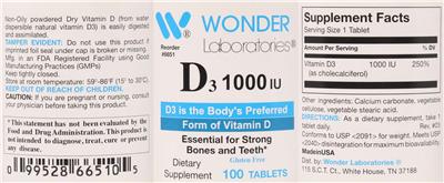 Photo of the Wonder Laboratories D3 1000 IU label
