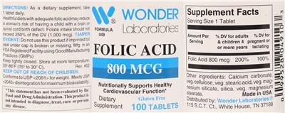 Photo of the Wonder Laboratories Folic Acid 800 mcg label