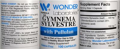 Photo of the Wonder Laboratories Gymnema Sylvestre with Pullulan label