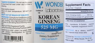 Photo of the Wonder Laboratories Korean Ginseng 525 mg label