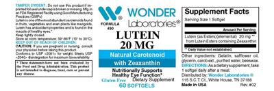 Photo of the Wonder Laboratories Lutein 20 mg label