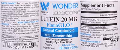 Photo of the Wonder Laboratories Lutein 20 mg FloraGLO label