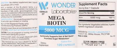 Photo of the Wonder Laboratories Mega Biotin 5000 mcg label