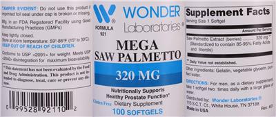 Photo of the Wonder Laboratories Mega Saw Palmetto 320 mg label