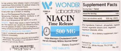 Photo of the Wonder Laboratories Niacin Time Release 500 mg label