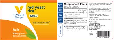 Photo of the The Vitamin Shoppe Red Yeast Rice 1200 mg label