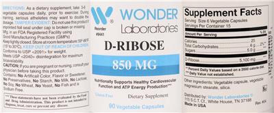Photo of the Wonder Laboratories D-Ribose 850 mg label