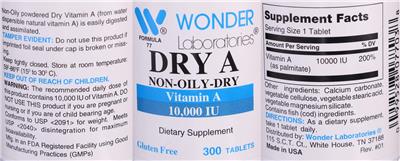 Photo of the Wonder Labs Dry Vitamin A 10,000 IU label