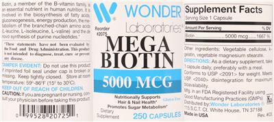 Photo of the Wonder Laboratories Mega Biotin 5000 mcg label