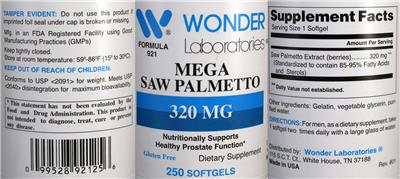 Photo of the Wonder Laboratories Mega Saw Palmetto 320 mg label