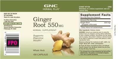 Photo of the GNC Herbal Plus Ginger Root 550 mg label