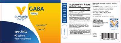 Photo of the The Vitamin Shoppe GABA 750 mg label