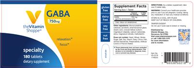 Photo of the The Vitamin Shoppe GABA 750 mg label