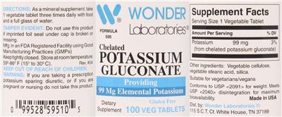 Photo of the Wonder Laboratories Chelated Potassium Gluconate label
