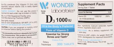 Photo of the Wonder Laboratories D3 1000 IU label