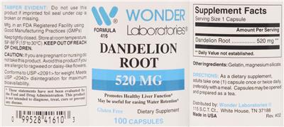 Photo of the Wonder Laboratories Dandelion Root 520 mg label