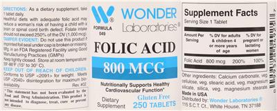 Photo of the Wonder Laboratories Folic Acid 800 mcg label