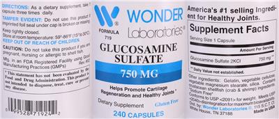 Photo of the Wonder Laboratories Glucosamine Sulfate 750 mg label