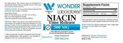 Photo of the Wonder Laboratories Niacin Time Release 500 mg label