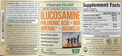 Photo of the Vimerson Health Glucosamine Hyaluronic Acid + MSM Bioperine + Boswellia label