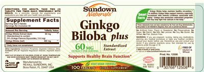 Photo of the Sundown Naturals Ginkgo Biloba Plus label