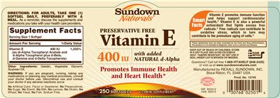 Photo of the Sundown Naturals Vitamin E 400 IU With Added Natural D-Alpha label