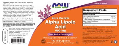 Photo of the NOW Extra Strength Alpha Lipoic Acid 600 mg label