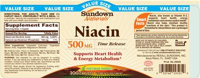 Photo of the Sundown Naturals Niacin 500 mg Time Release label
