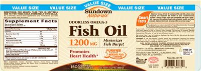 Photo of the Sundown Naturals Odorless Omega-3 Fish Oil 1200 mg label