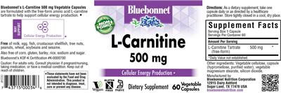 Photo of the Bluebonnet L-Carnitine 500 mg label