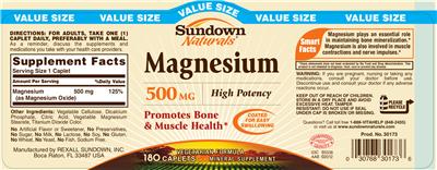 Photo of the Sundown Naturals Magnesium 500 mg label