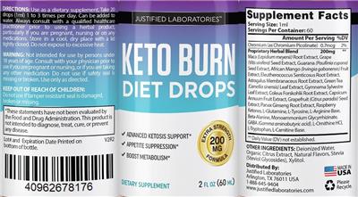 Photo of the Justified Laboratories Keto Burn Diet Drops label
