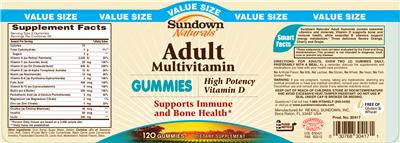 Photo of the Sundown Naturals Adult Multivitamin Gummies High Potency Vitamin D label