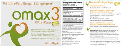Photo of the Prevention Pharmaceuticals Inc. Omax3 Ultra-Pure label