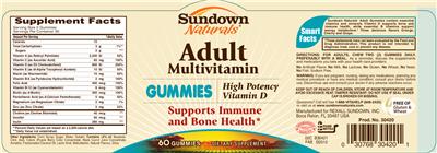 Photo of the Sundown Naturals Adult Multivitamin Gummies label
